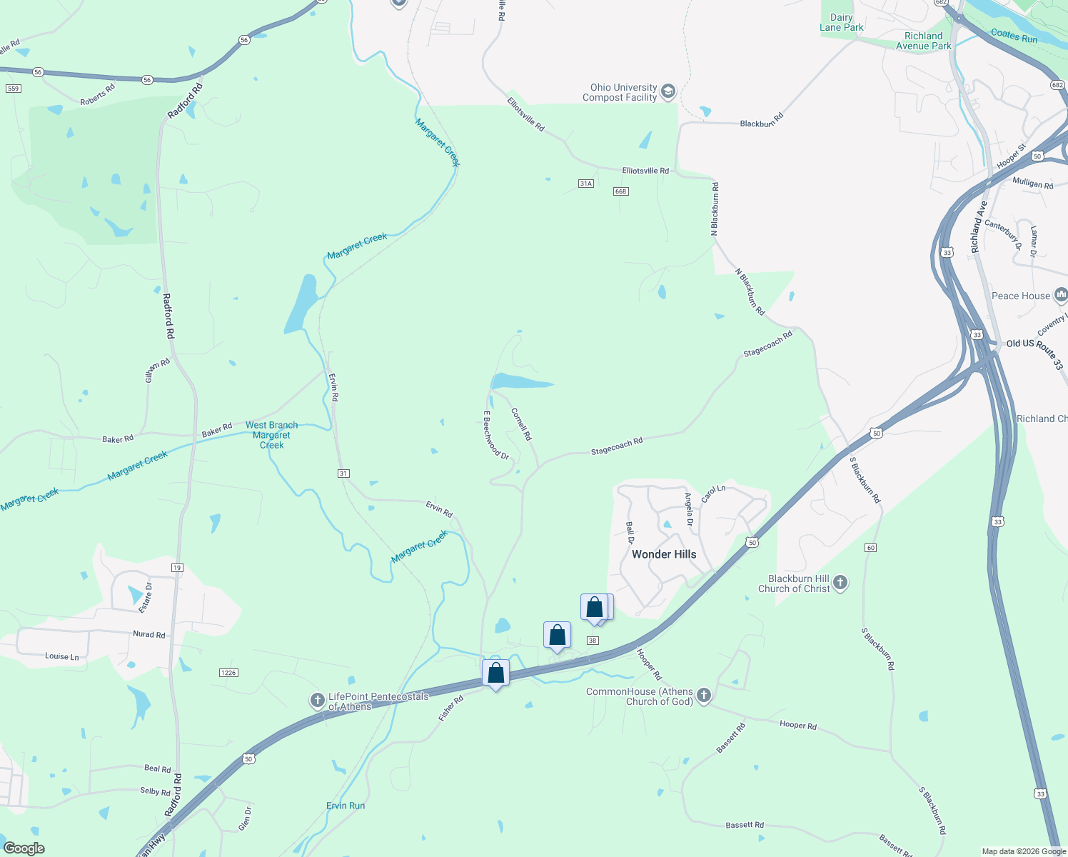 map of restaurants, bars, coffee shops, grocery stores, and more near 6950 Cornell Road in Athens