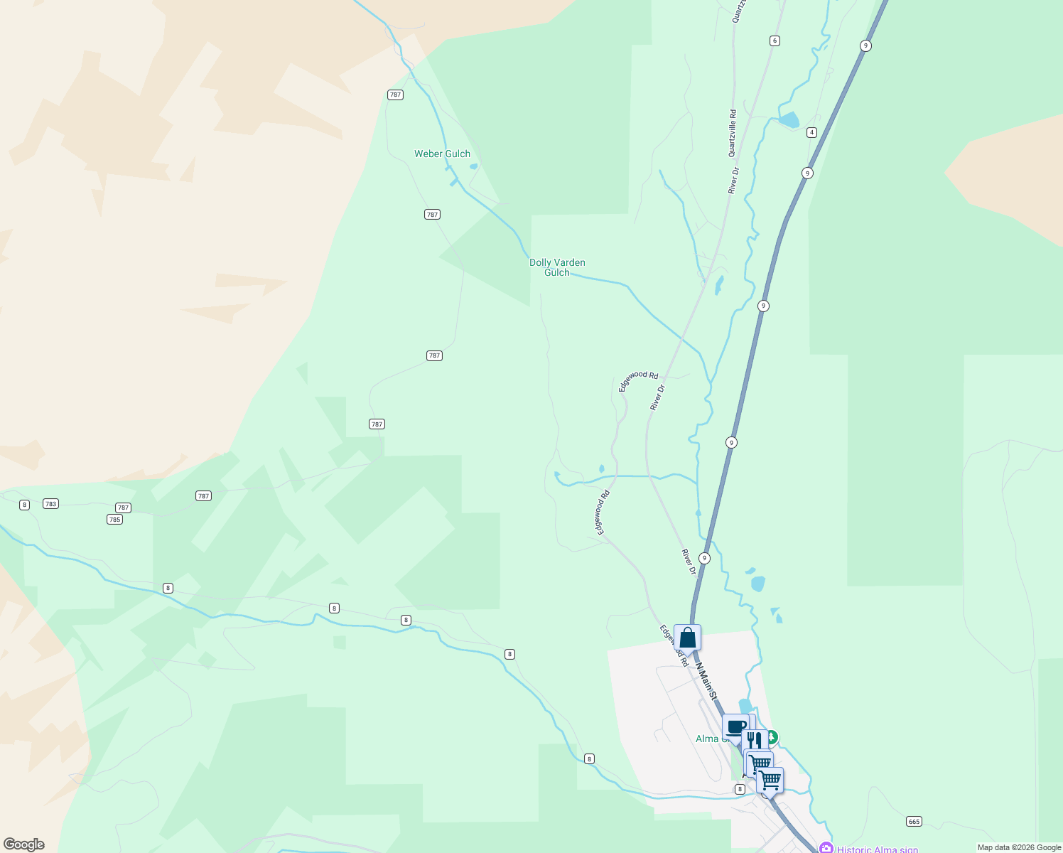 map of restaurants, bars, coffee shops, grocery stores, and more near 485 Lewsader Road in Alma