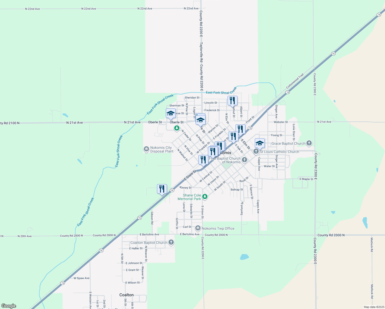 map of restaurants, bars, coffee shops, grocery stores, and more near 222 North Vine Street in Nokomis