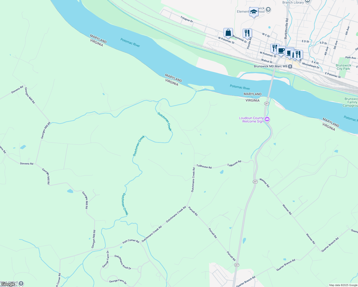map of restaurants, bars, coffee shops, grocery stores, and more near 11435 Dutchmans Creek Road in Lovettsville
