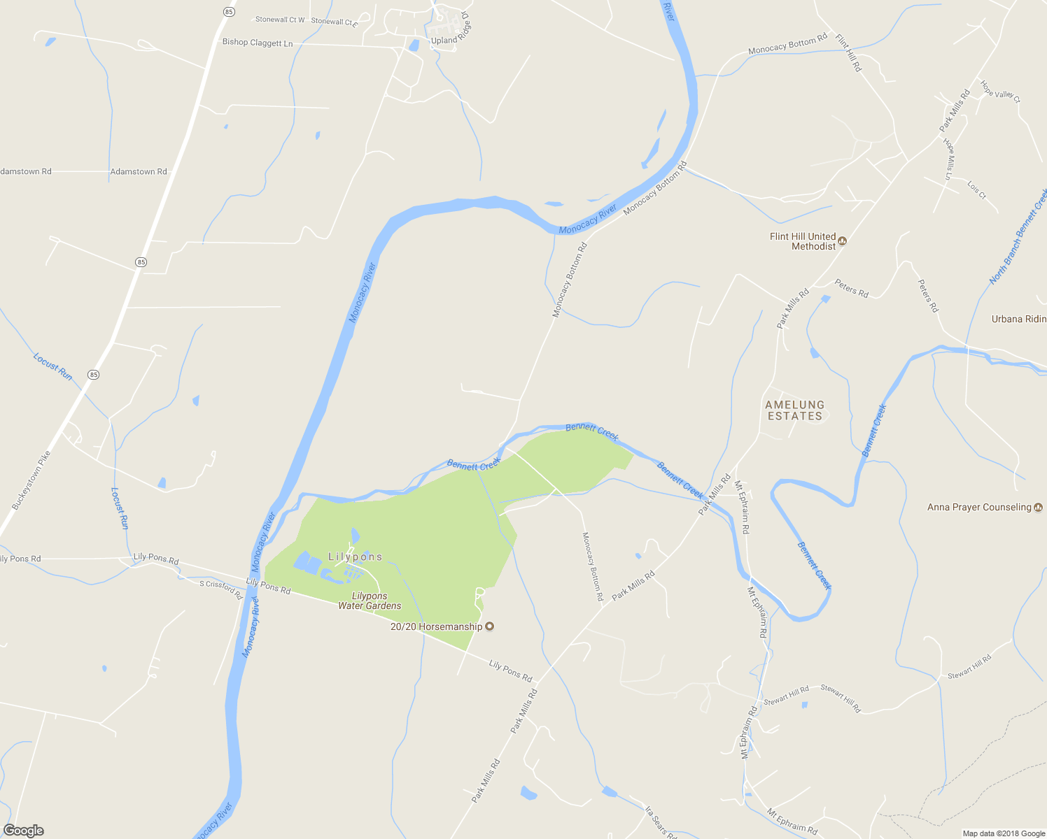 map of restaurants, bars, coffee shops, grocery stores, and more near 2501 Monocacy Bottom Road in Adamstown