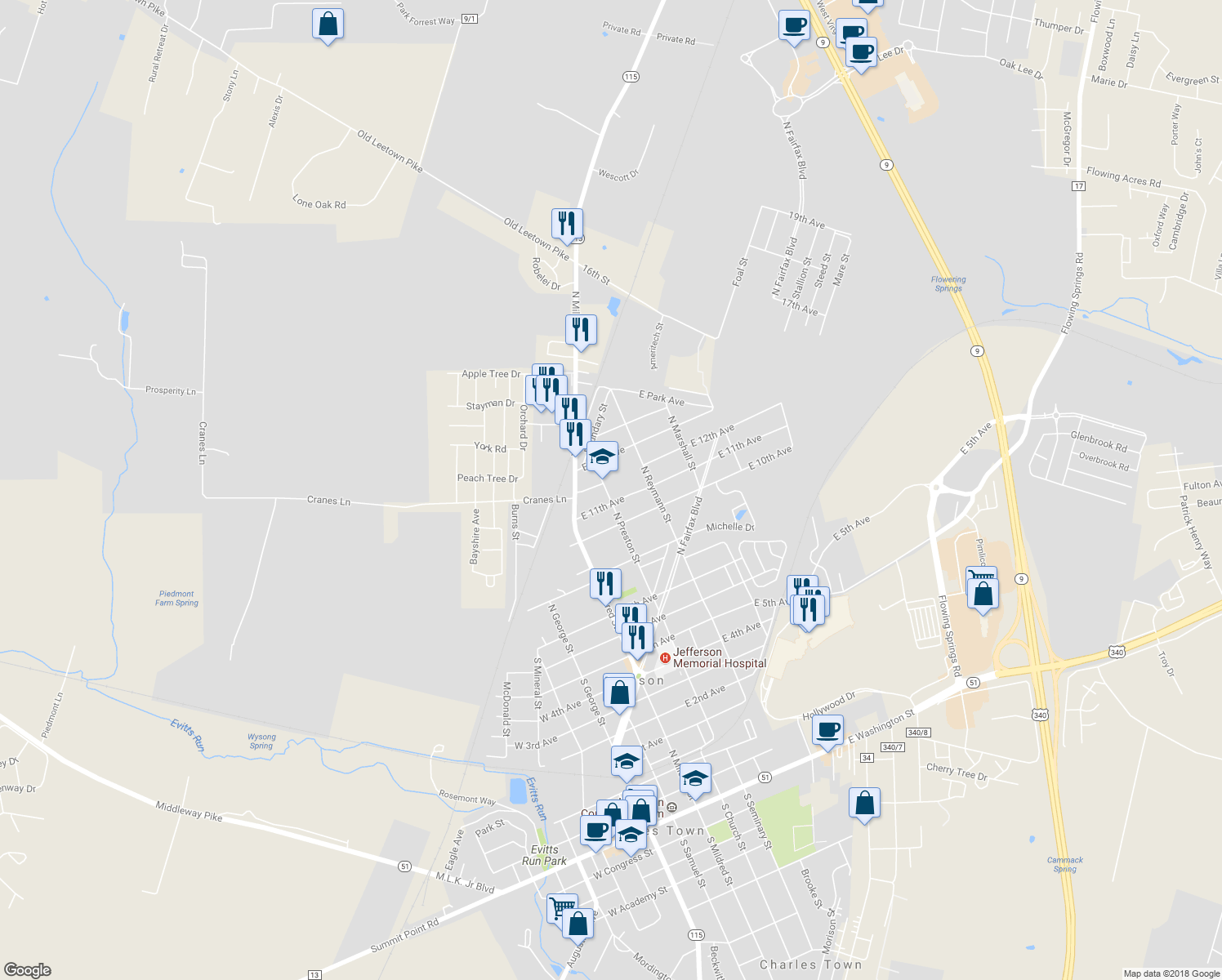 map of restaurants, bars, coffee shops, grocery stores, and more near 506 North Preston Street in Ranson