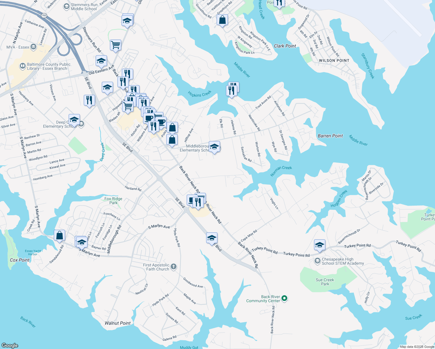 map of restaurants, bars, coffee shops, grocery stores, and more near 1626 Browns Road in Essex
