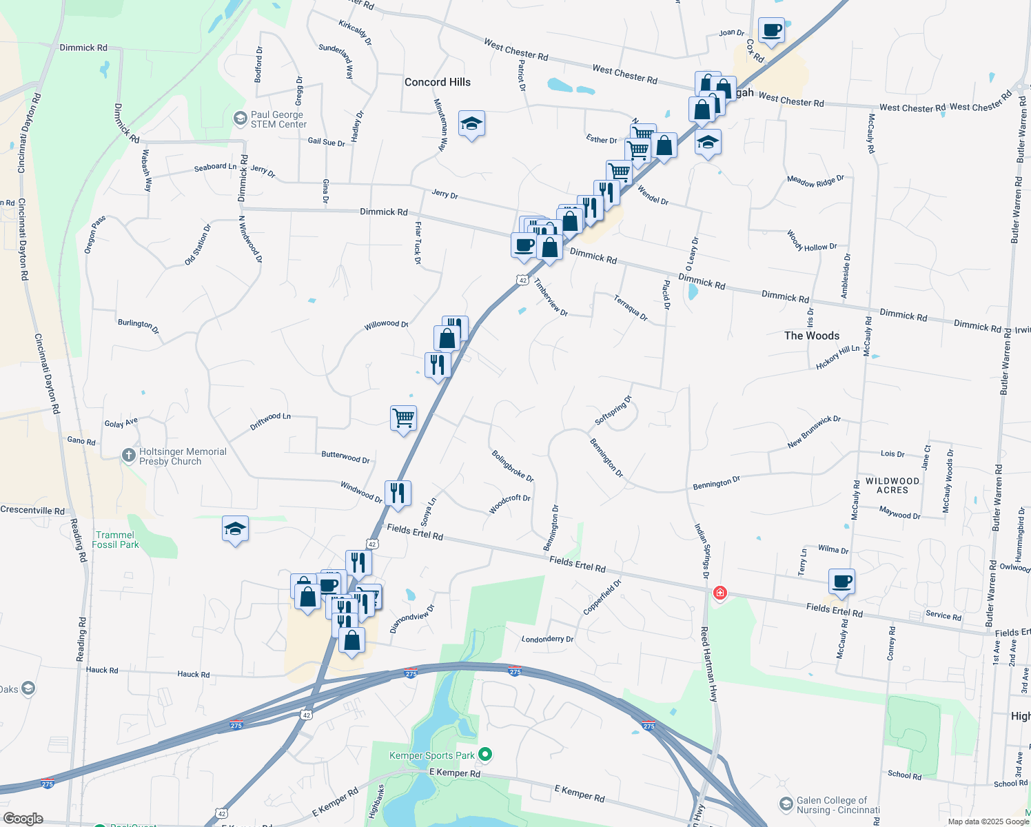 map of restaurants, bars, coffee shops, grocery stores, and more near 9868 Bolingbroke Drive in Butler County