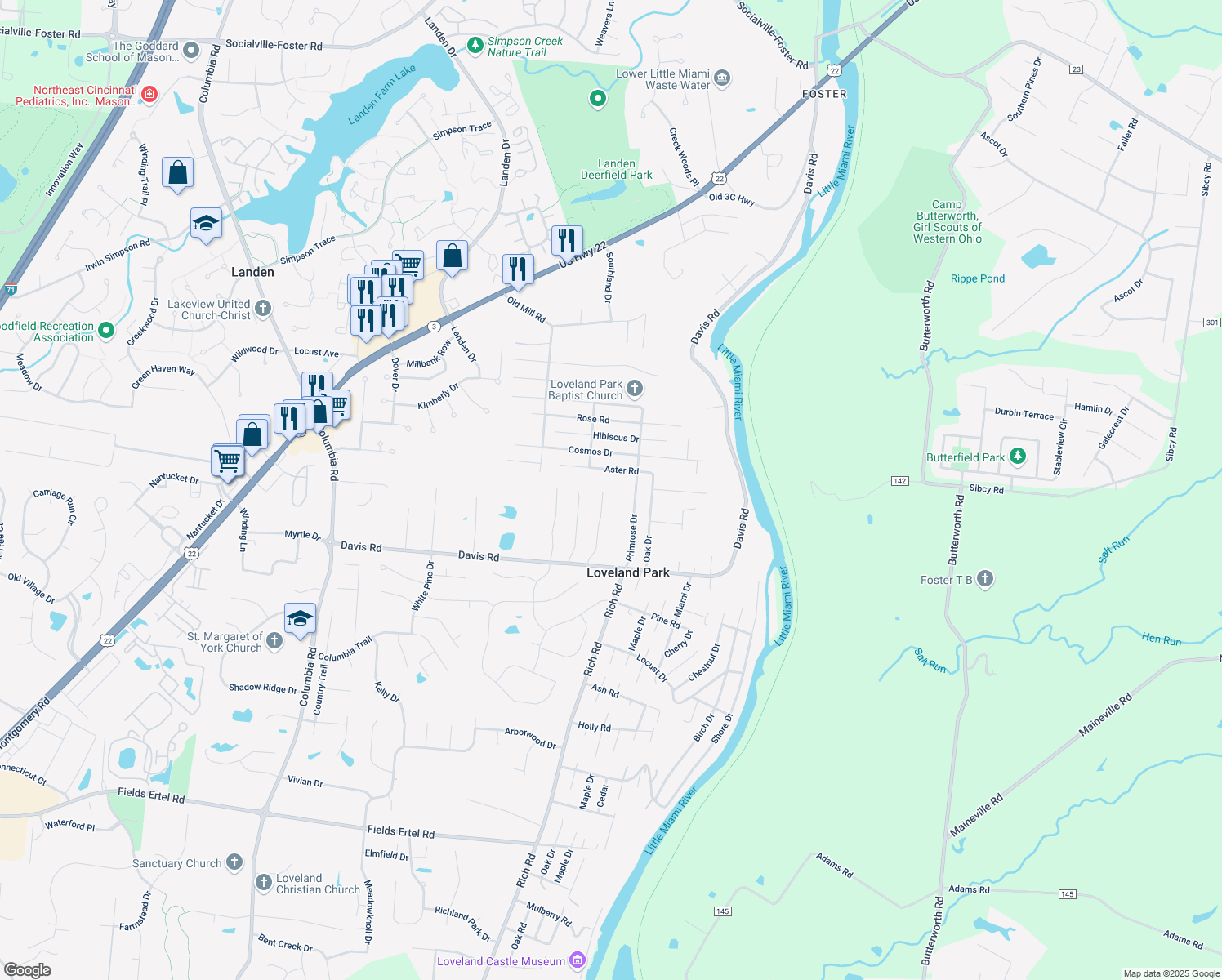 map of restaurants, bars, coffee shops, grocery stores, and more near 9026 Rich Woods Court in Loveland