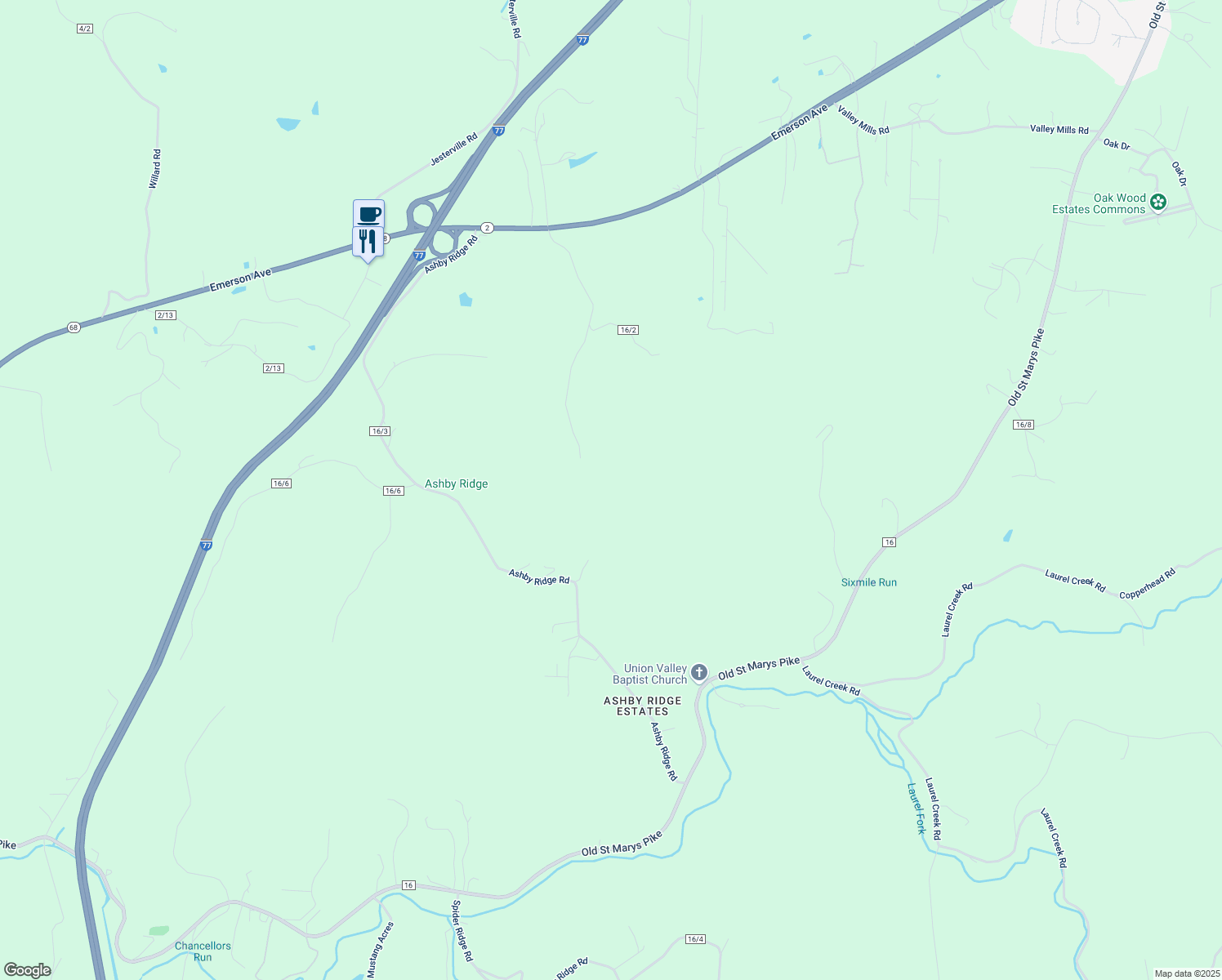 map of restaurants, bars, coffee shops, grocery stores, and more near County Route 16/2 in Parkersburg