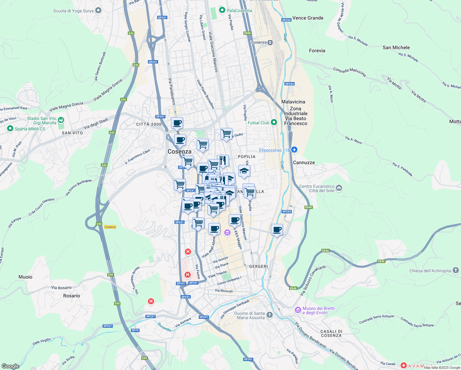 map of restaurants, bars, coffee shops, grocery stores, and more near 10 Via Consalvo Aragona in Cosenza