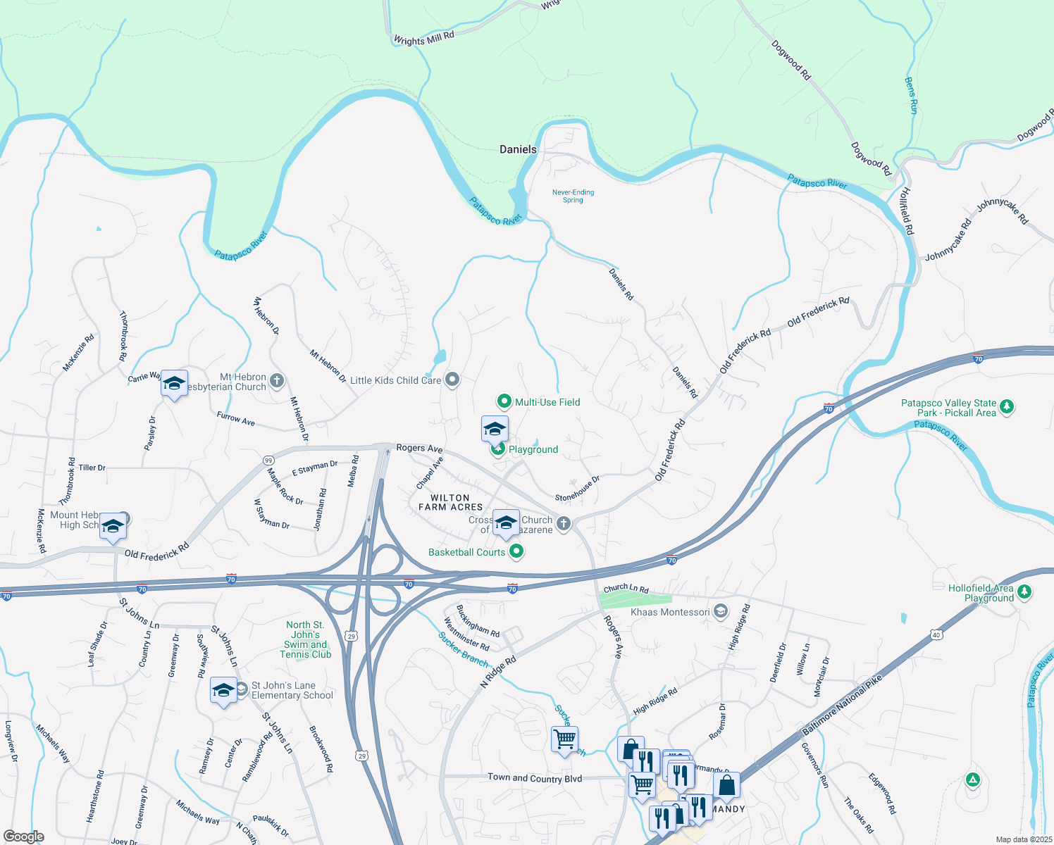 map of restaurants, bars, coffee shops, grocery stores, and more near 8750 Stonehouse Drive in Ellicott City