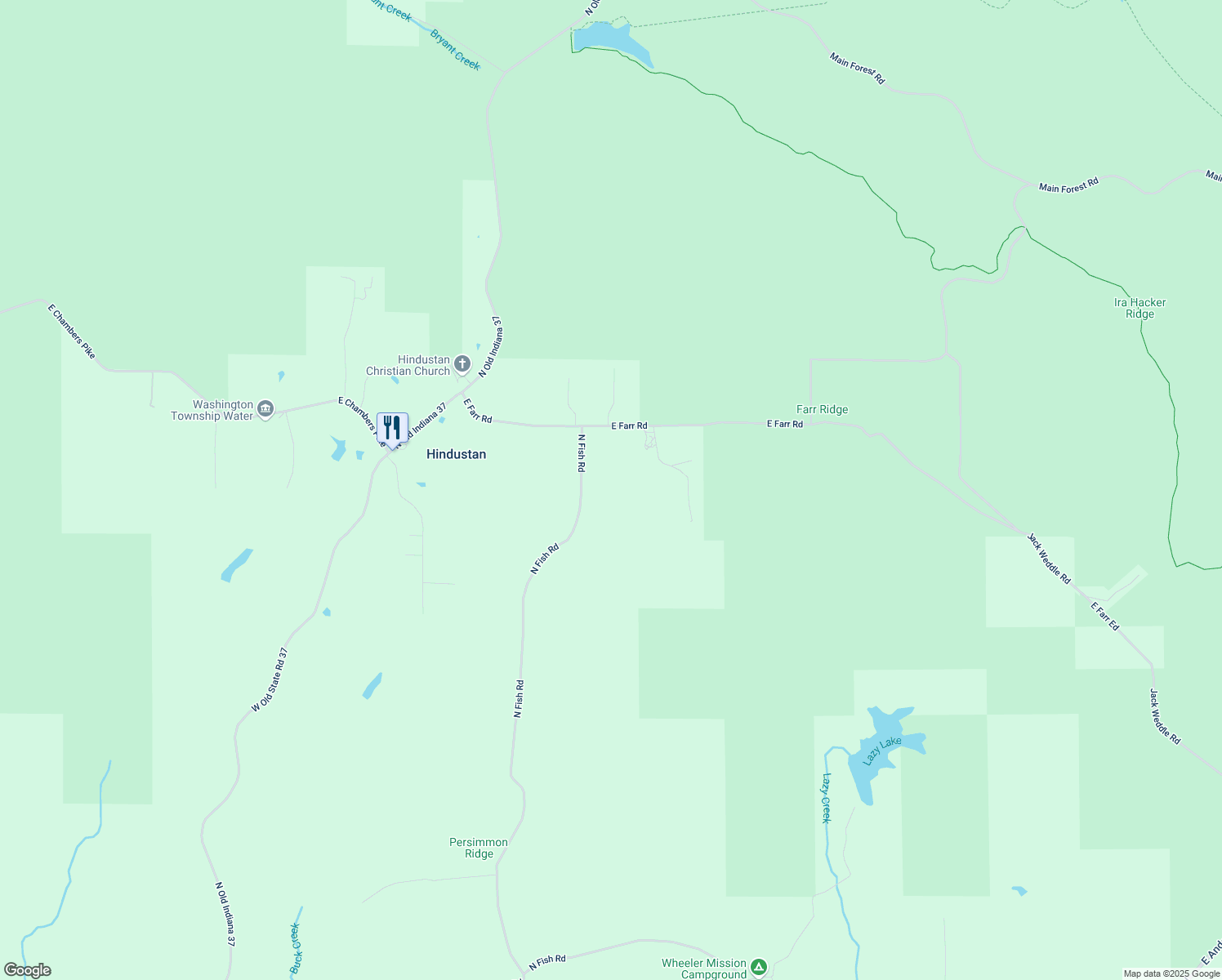 map of restaurants, bars, coffee shops, grocery stores, and more near 8820 North Fish Road in Bloomington