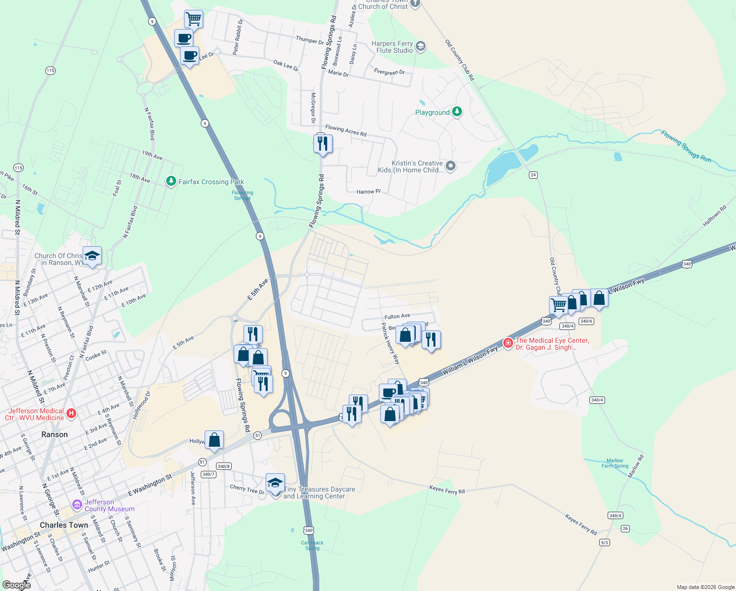 map of restaurants, bars, coffee shops, grocery stores, and more near 5 Greene Avenue in Charles Town
