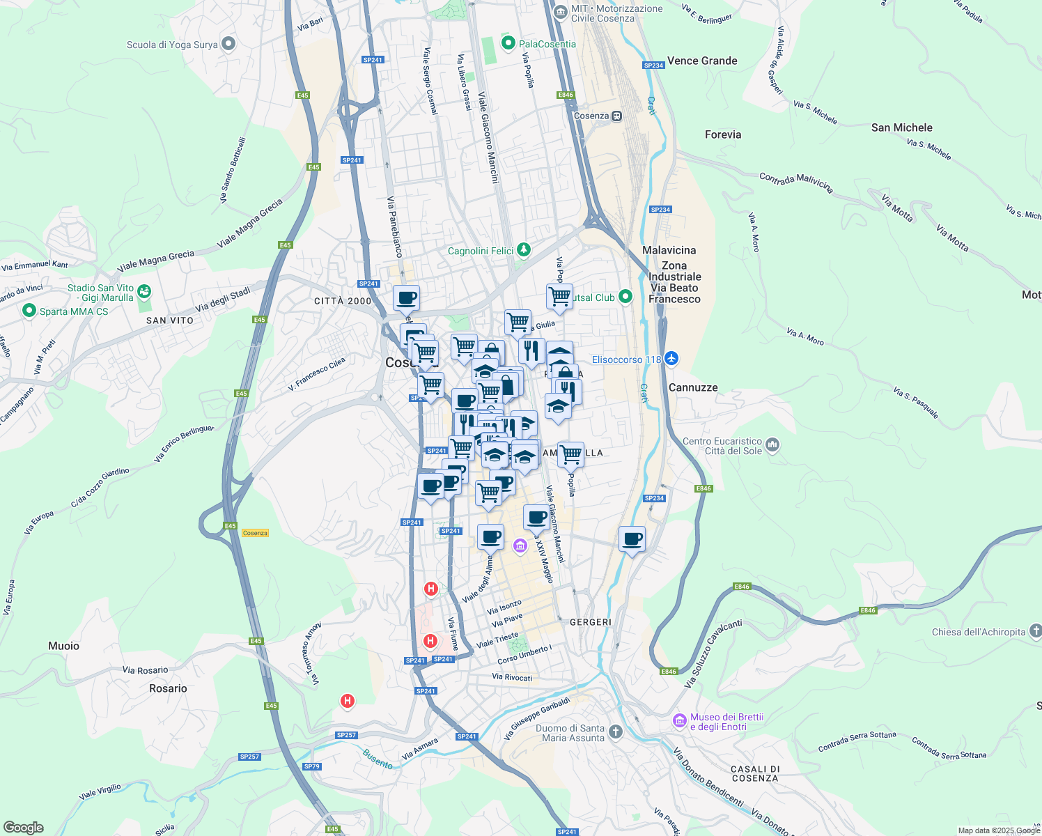 map of restaurants, bars, coffee shops, grocery stores, and more near 45 Via Consalvo Aragona in Cosenza