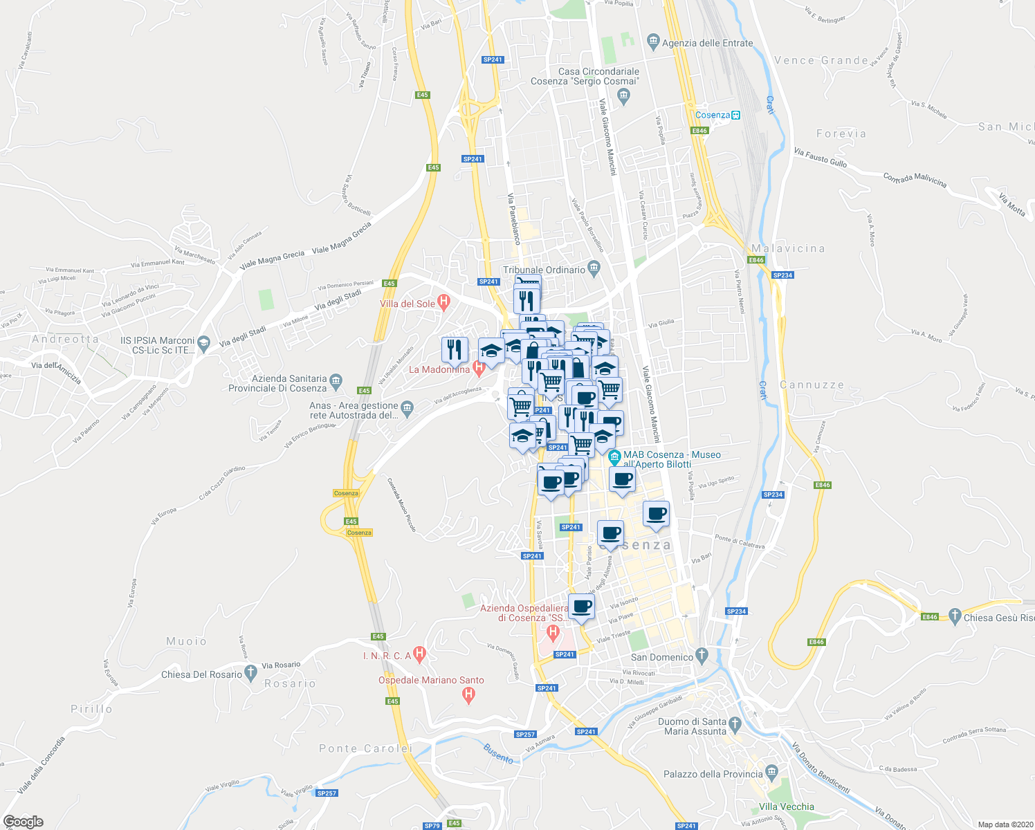 map of restaurants, bars, coffee shops, grocery stores, and more near 52 Tunnel Pasquale Rossi in Cosenza
