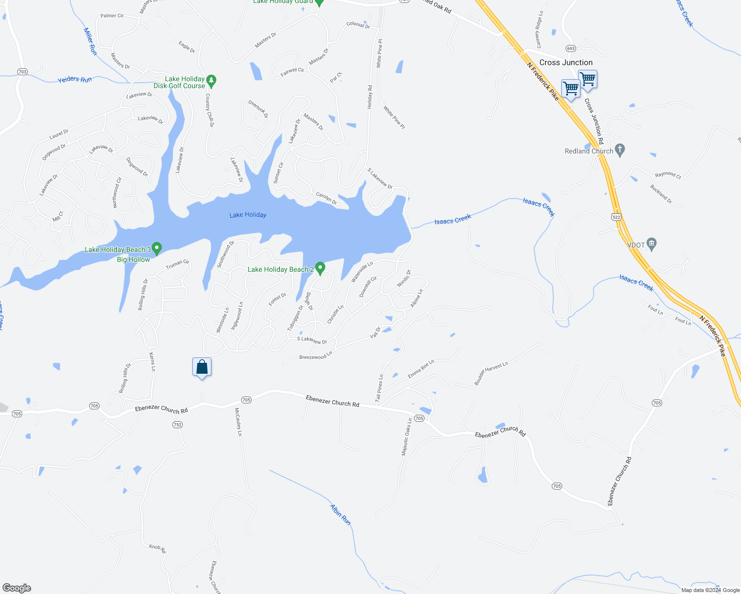 map of restaurants, bars, coffee shops, grocery stores, and more near 604 South Lakeview Drive in Cross Junction