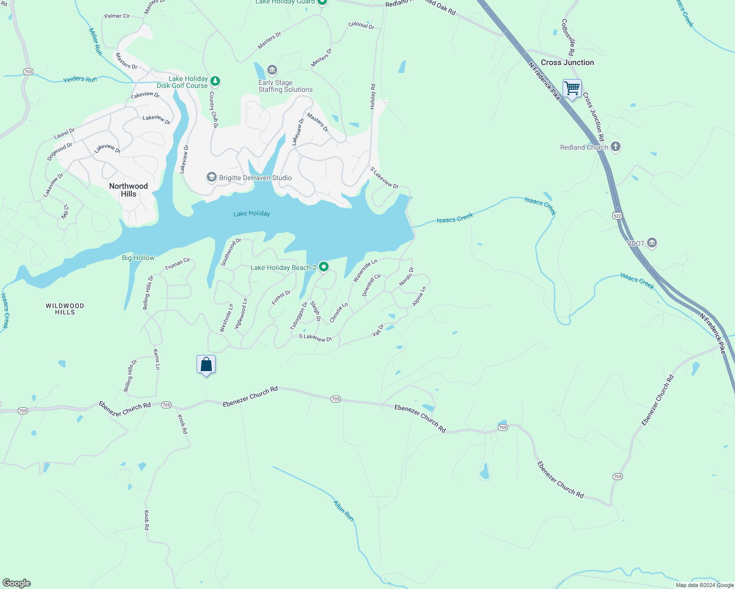 map of restaurants, bars, coffee shops, grocery stores, and more near 123 Downhill Circle in Cross Junction