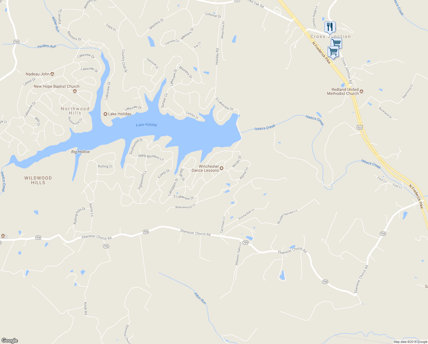 map of restaurants, bars, coffee shops, grocery stores, and more near 123 Downhill Circle in Cross Junction