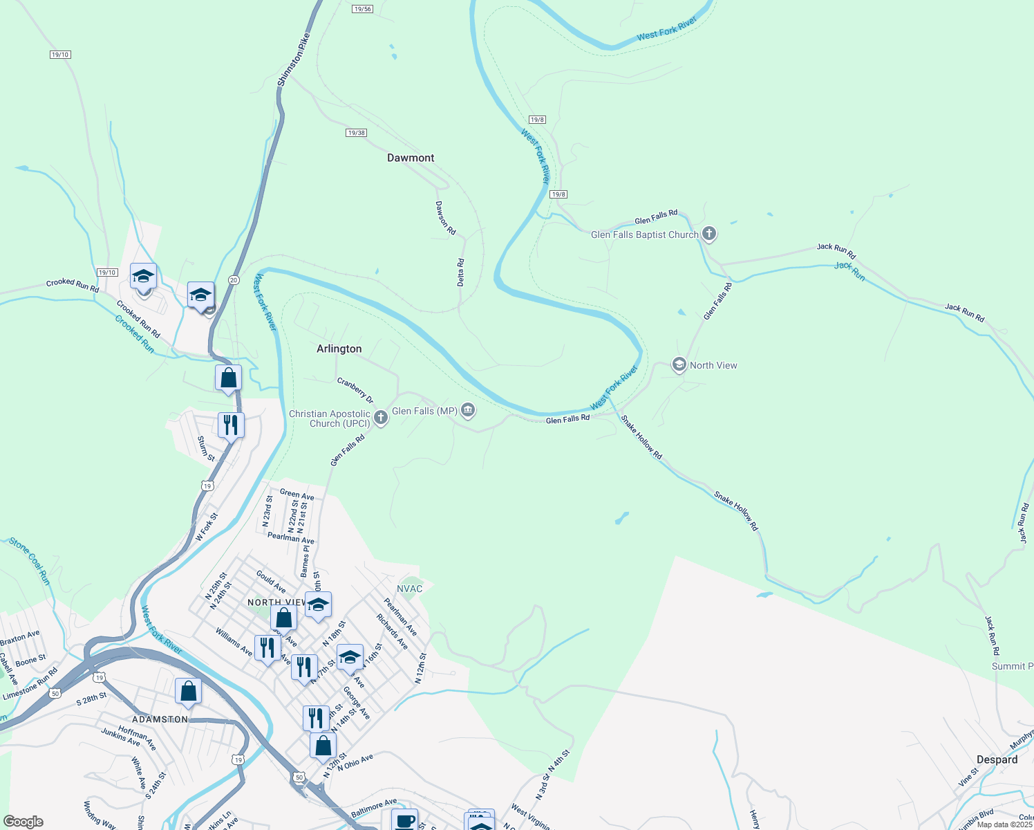 map of restaurants, bars, coffee shops, grocery stores, and more near Glen Falls Road in Clarksburg