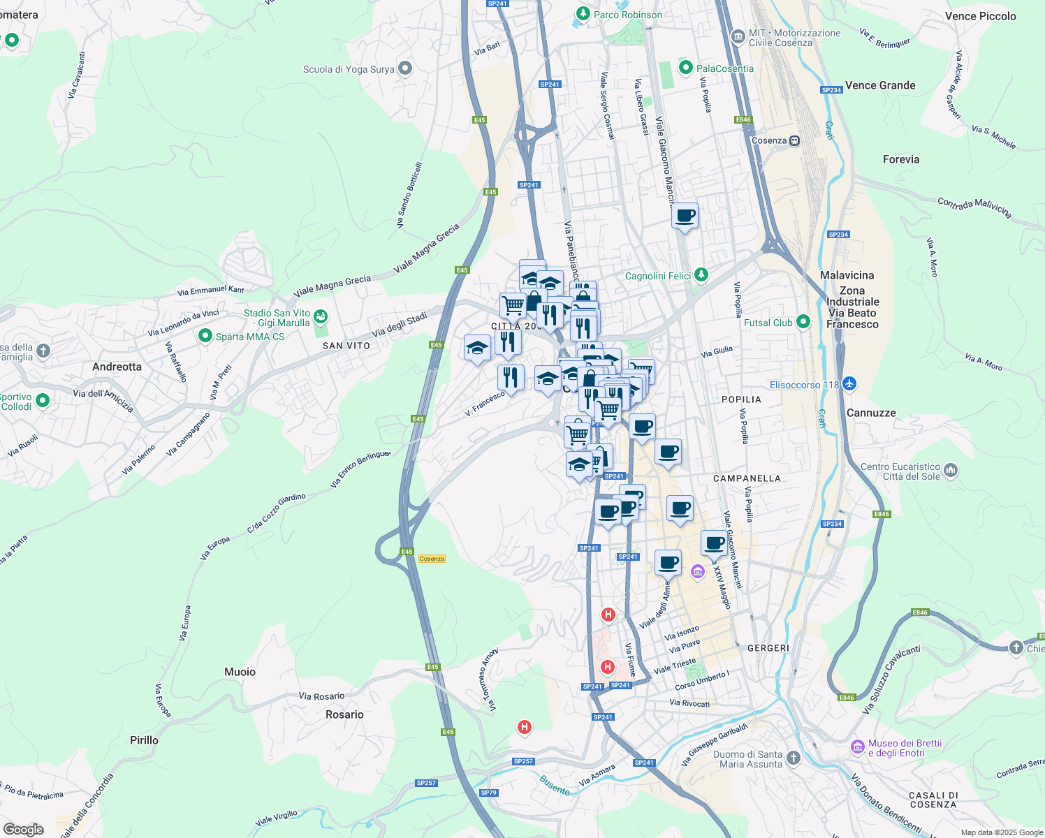 map of restaurants, bars, coffee shops, grocery stores, and more near Via dell'Accoglienza in Cosenza