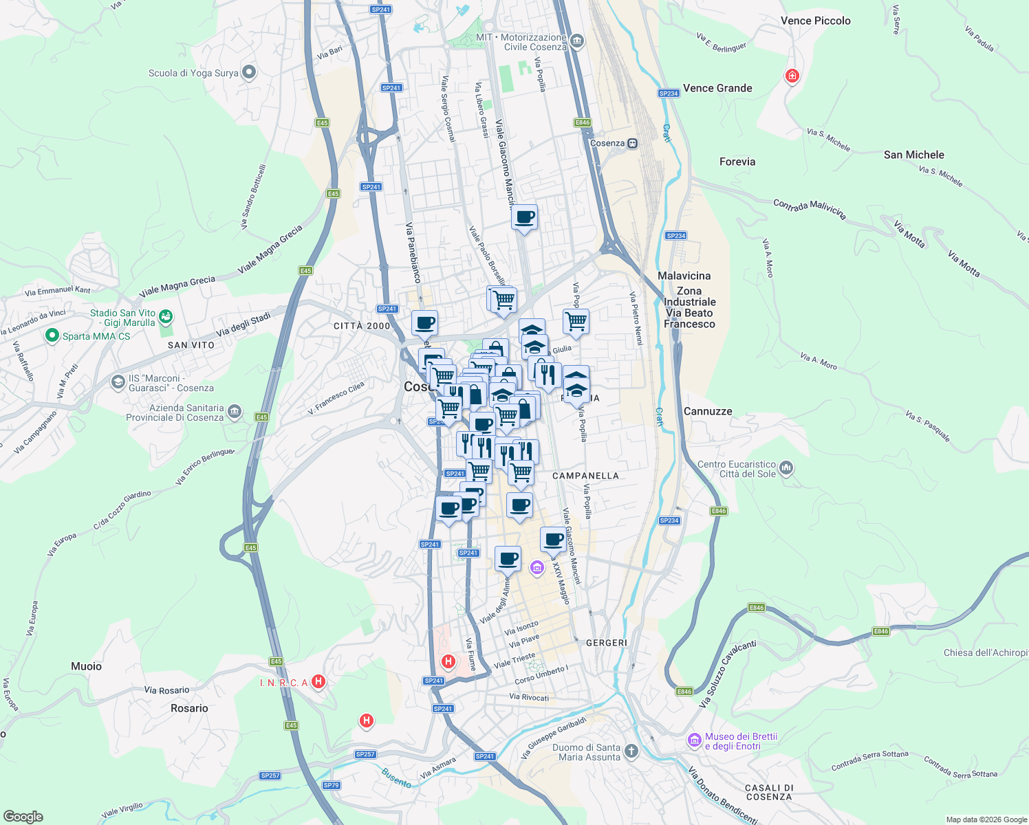 map of restaurants, bars, coffee shops, grocery stores, and more near 135 Viale Delle Medaglie DꞌOro in Cosenza