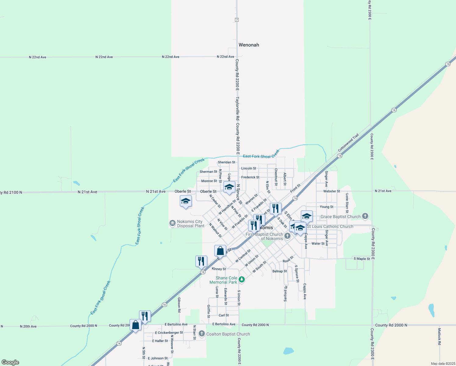 map of restaurants, bars, coffee shops, grocery stores, and more near 215 Monroe Street in Nokomis