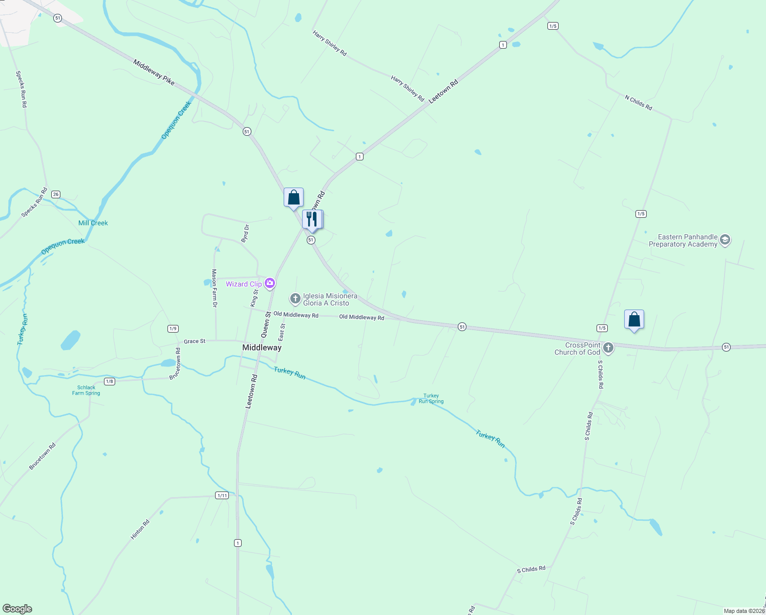 map of restaurants, bars, coffee shops, grocery stores, and more near 122 Shadowhawk Lane in Kearneysville