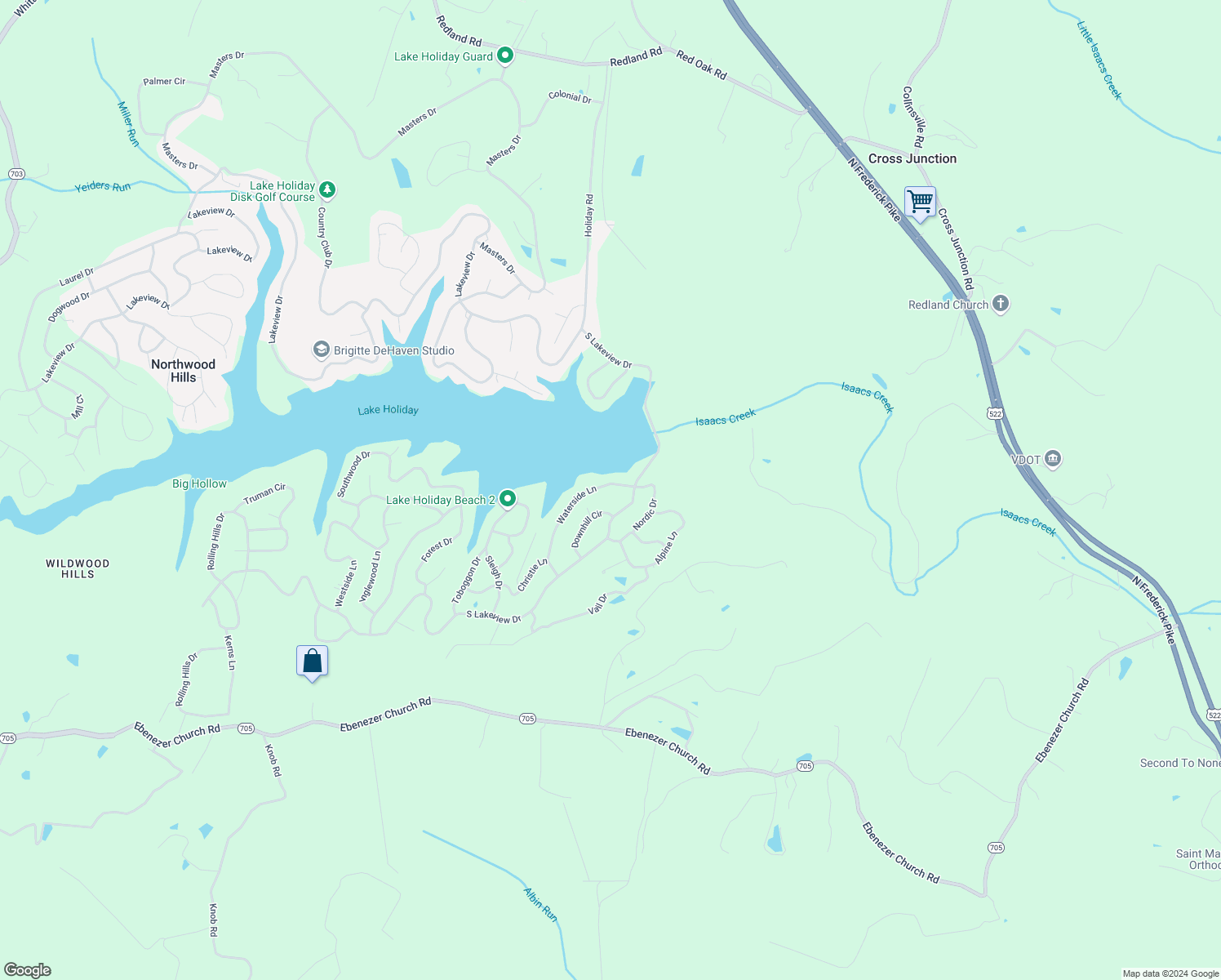 map of restaurants, bars, coffee shops, grocery stores, and more near 107 Waterside Lane in Cross Junction