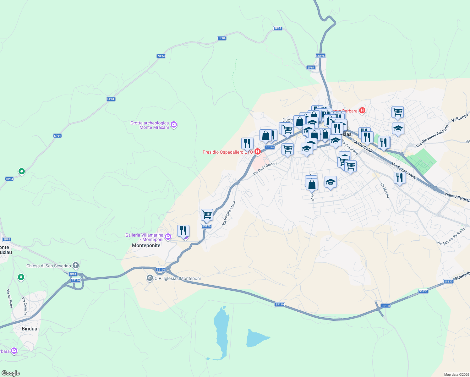 map of restaurants, bars, coffee shops, grocery stores, and more near 3 Via Lao Silesu in Iglesias