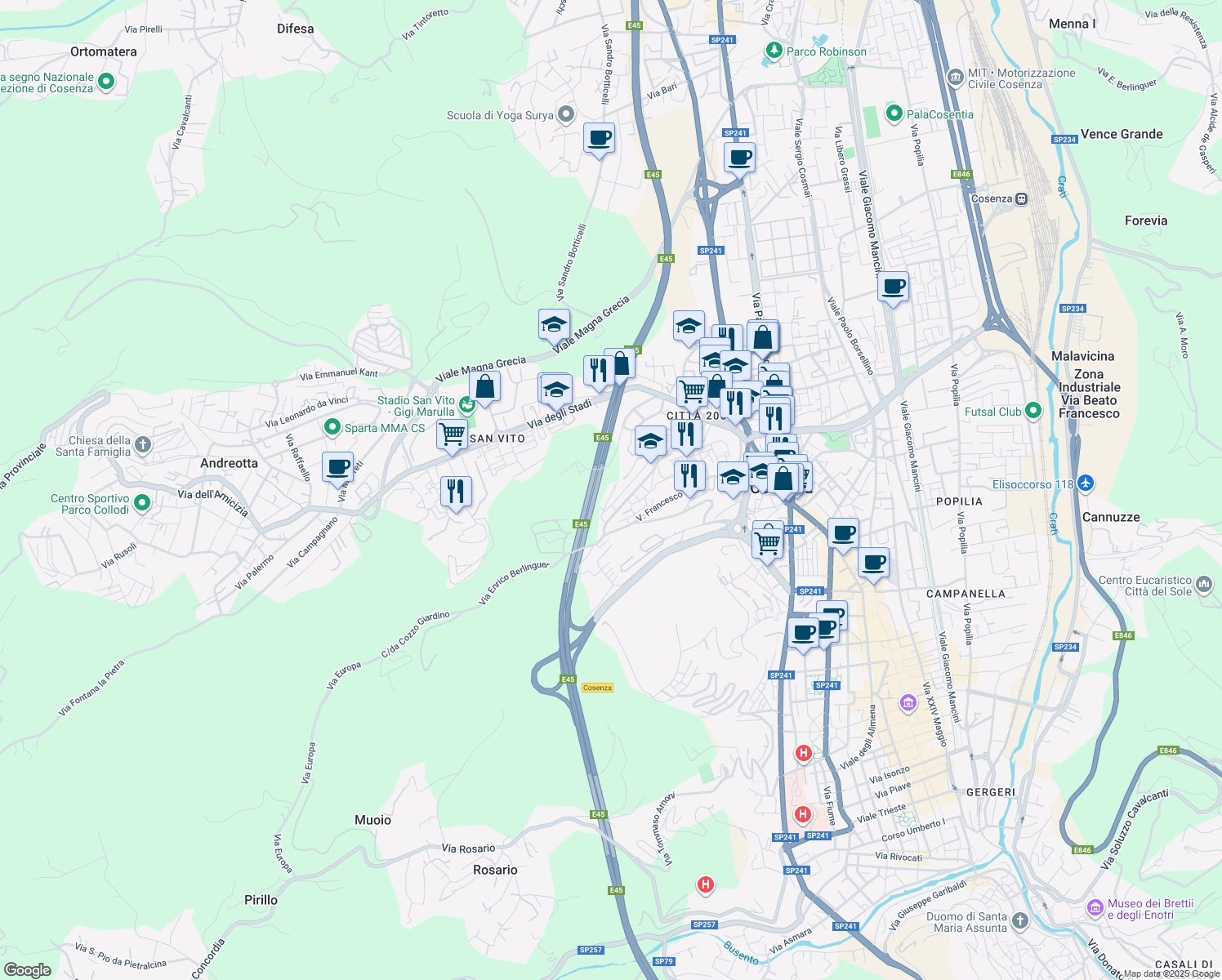 map of restaurants, bars, coffee shops, grocery stores, and more near 4 Via Rita Pisani in Cosenza