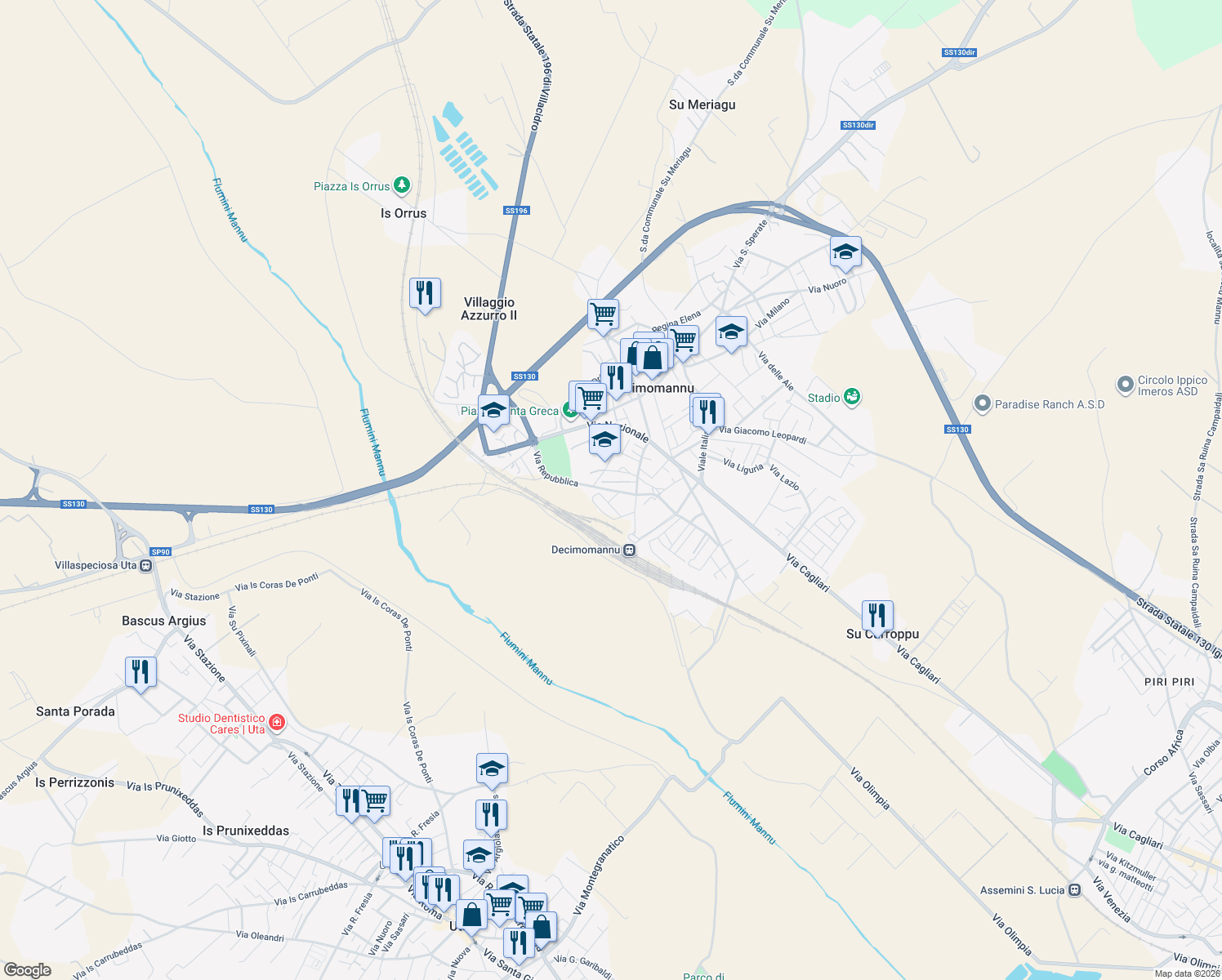 map of restaurants, bars, coffee shops, grocery stores, and more near 4 Piazza Giotto in Decimomannu