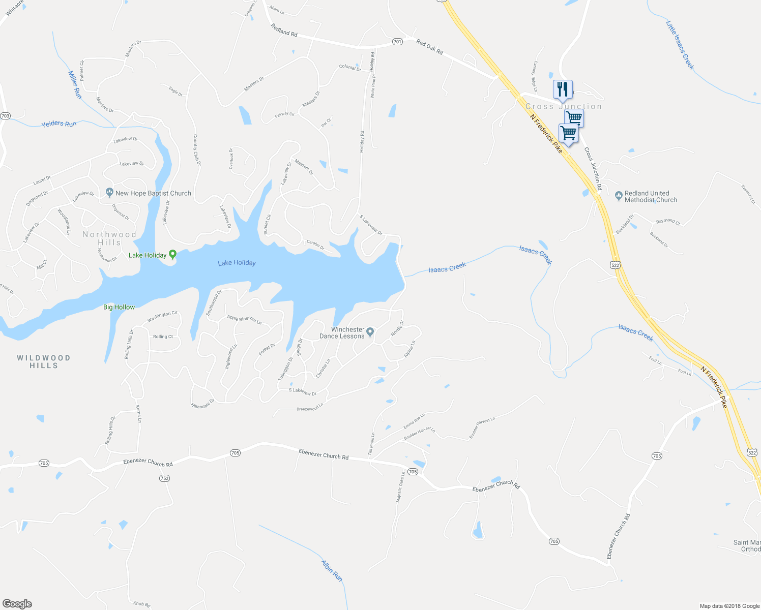 map of restaurants, bars, coffee shops, grocery stores, and more near 104 Waterside Lane in Cross Junction