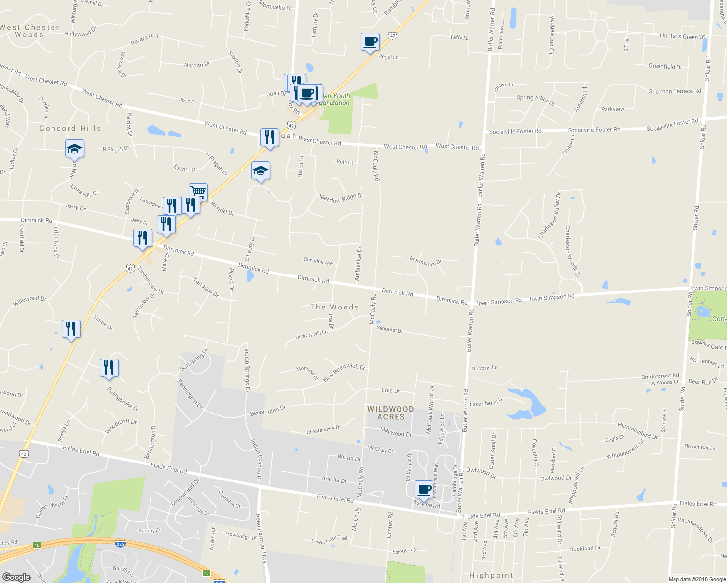 map of restaurants, bars, coffee shops, grocery stores, and more near 8055 Dimmick Road in Butler County
