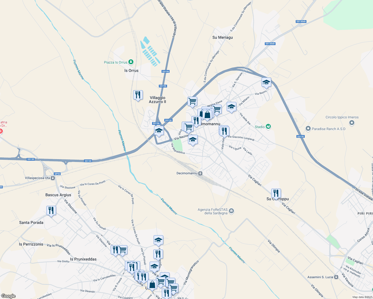 map of restaurants, bars, coffee shops, grocery stores, and more near 48 Via Ugo Foscolo in Decimomannu