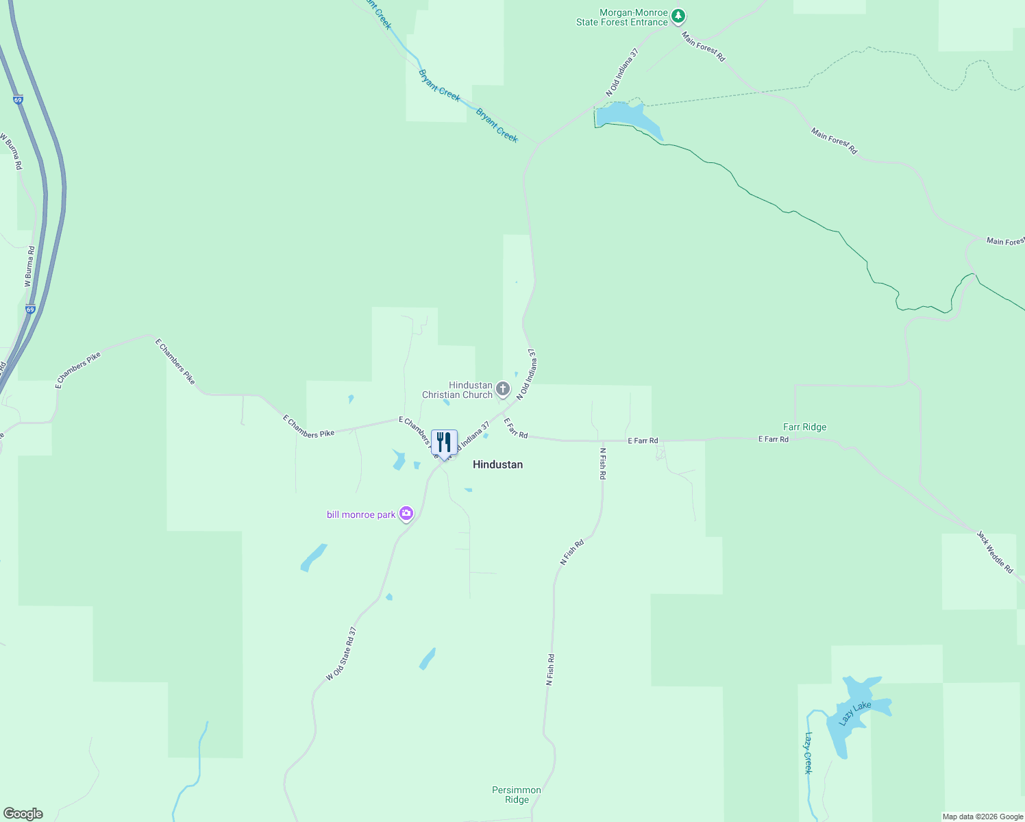 map of restaurants, bars, coffee shops, grocery stores, and more near 4025 E Farr Rd in Bloomington
