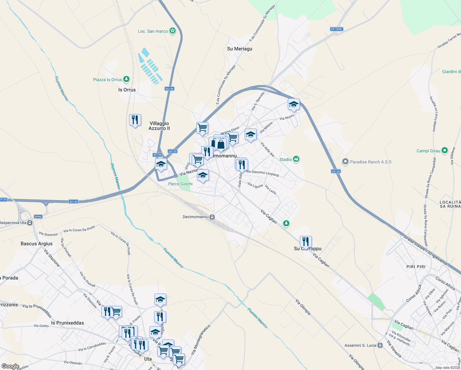 map of restaurants, bars, coffee shops, grocery stores, and more near 13 Vico Papa Giovanni XXIII in Decimomannu