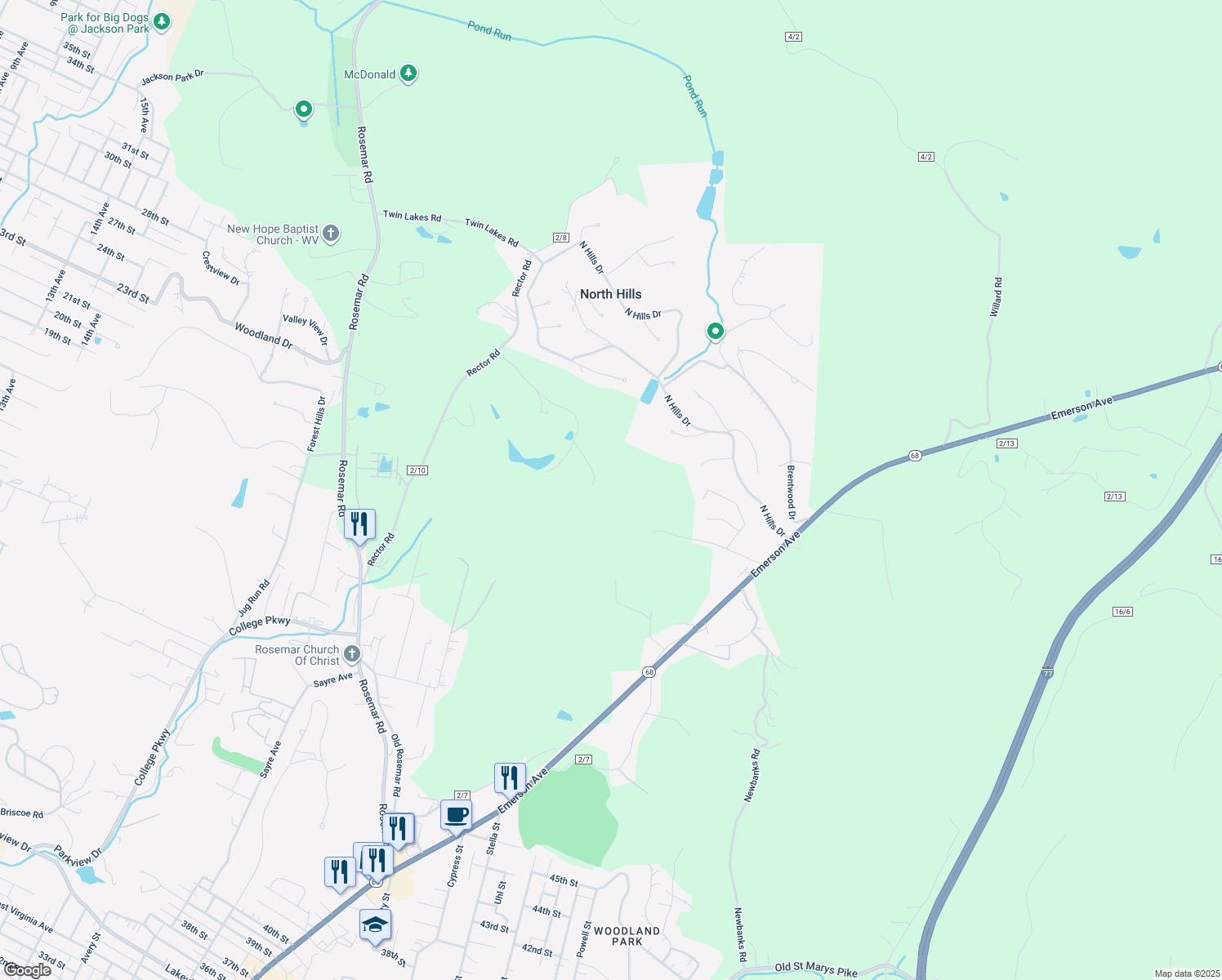 map of restaurants, bars, coffee shops, grocery stores, and more near 110 Oakwood Place in Parkersburg