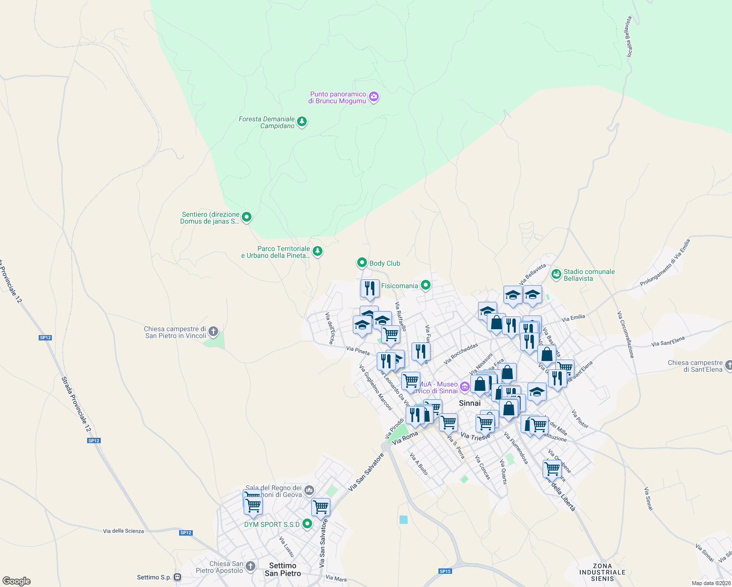map of restaurants, bars, coffee shops, grocery stores, and more near 9A Via del Rosmarino in Sinnai