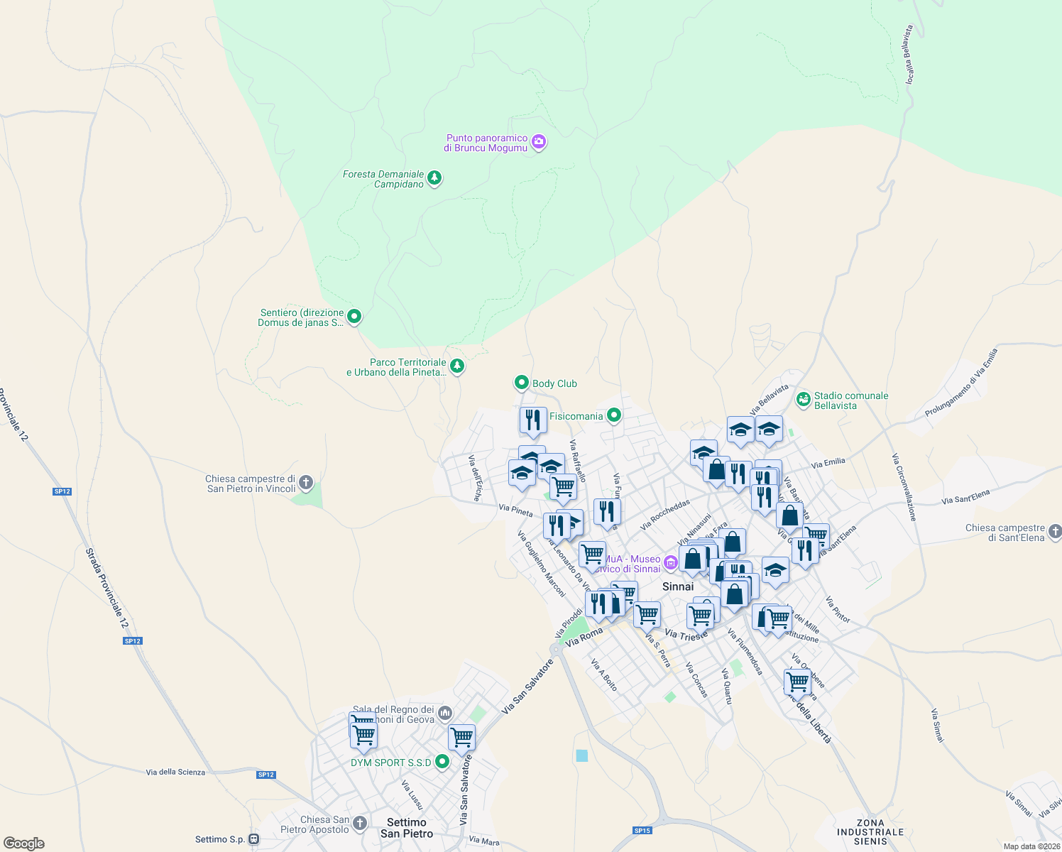 map of restaurants, bars, coffee shops, grocery stores, and more near 9A Via del Rosmarino in Sinnai
