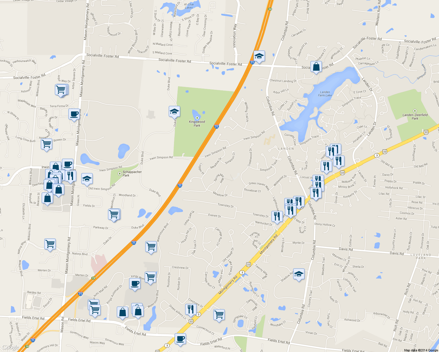map of restaurants, bars, coffee shops, grocery stores, and more near 3833 Spring Mill Way in Maineville