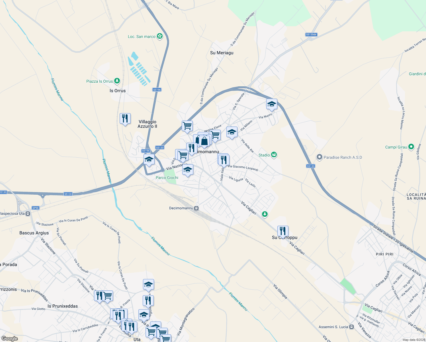 map of restaurants, bars, coffee shops, grocery stores, and more near 13 Vico Papa Giovanni XXIII in Decimomannu