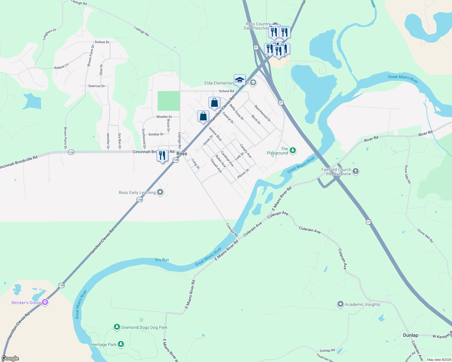 map of restaurants, bars, coffee shops, grocery stores, and more near 2137 Thrush Avenue in Fairfield