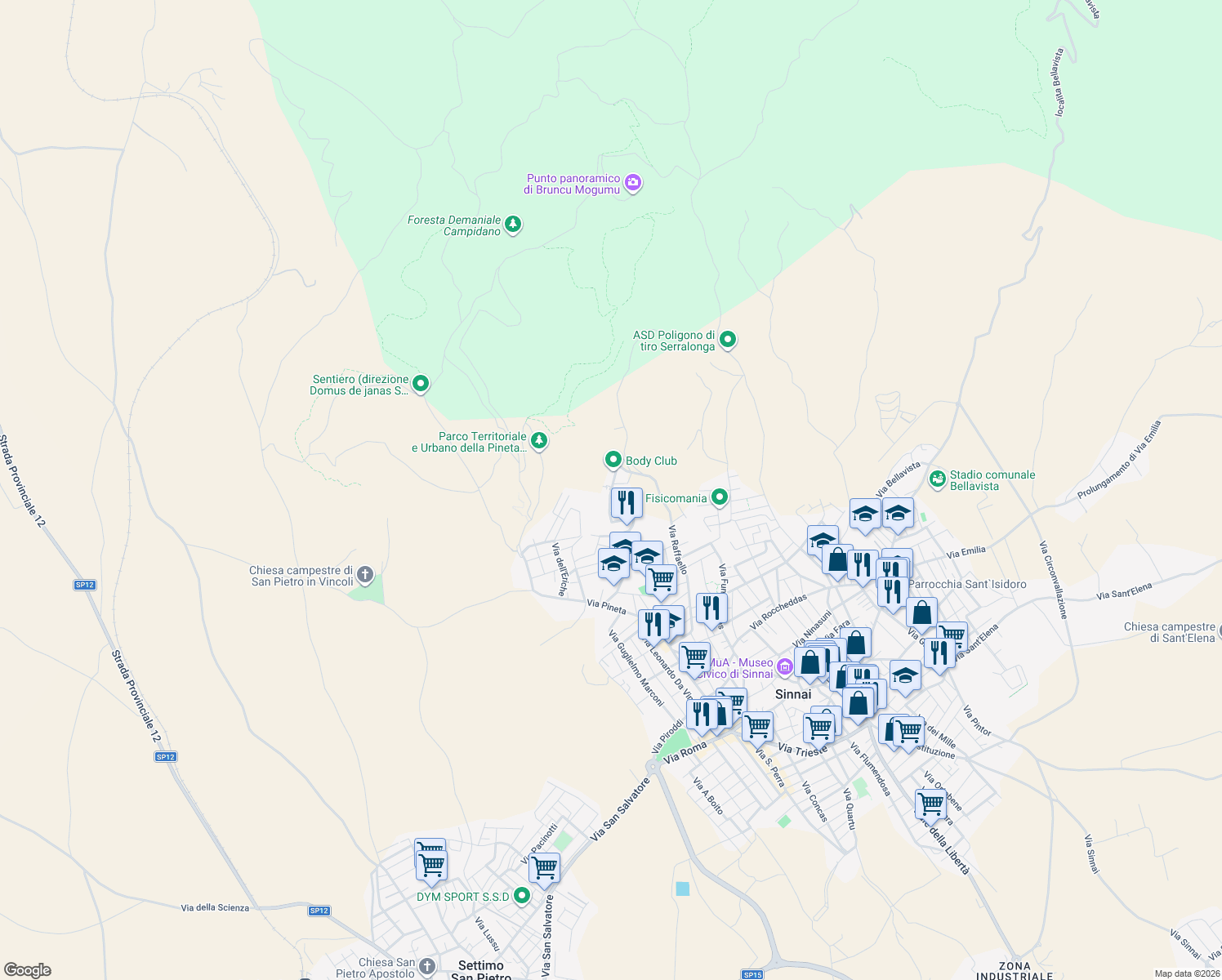 map of restaurants, bars, coffee shops, grocery stores, and more near 9A Via del Rosmarino in Sinnai