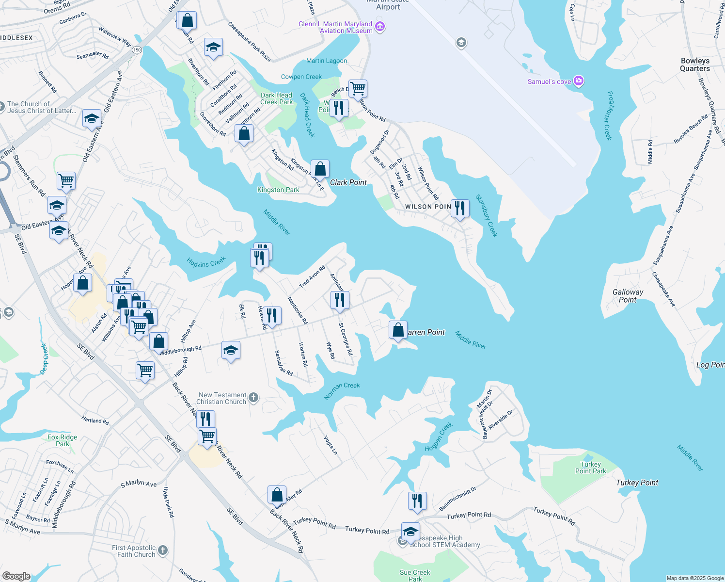 map of restaurants, bars, coffee shops, grocery stores, and more near 2209 Monocacy Rd in Essex