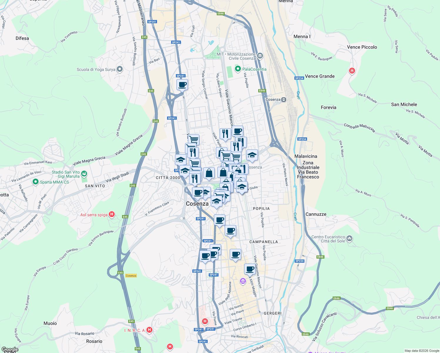 map of restaurants, bars, coffee shops, grocery stores, and more near Via Mauro Leporace in Cosenza