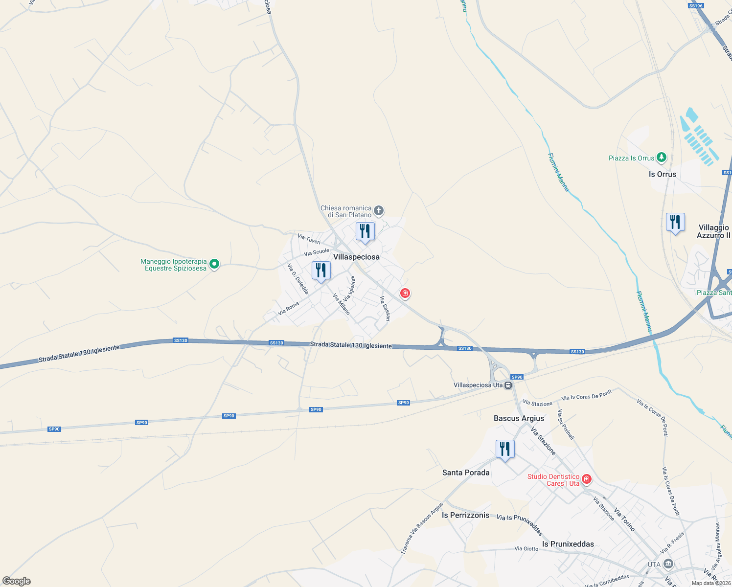 map of restaurants, bars, coffee shops, grocery stores, and more near 40 Via Cagliari in Villaspeciosa