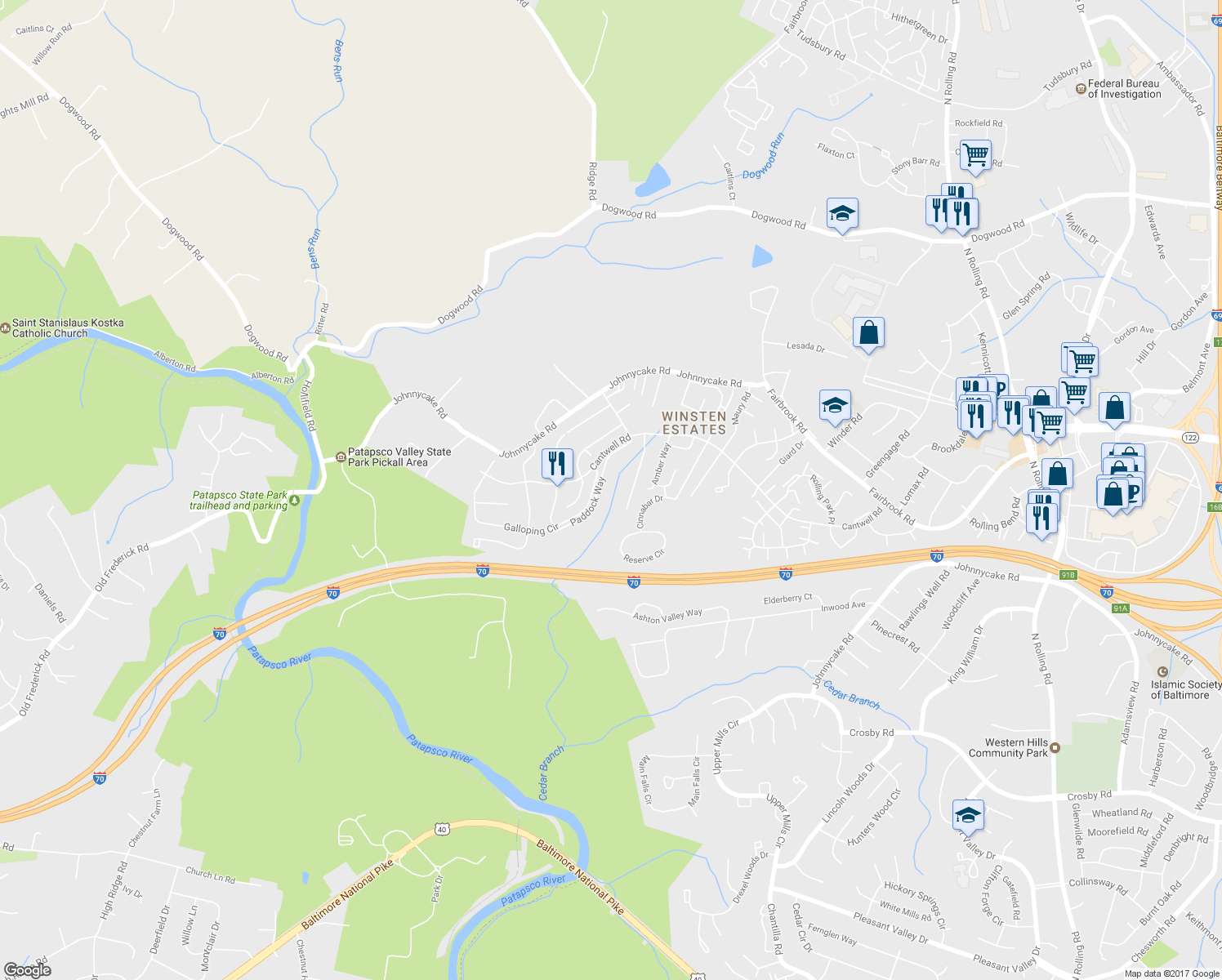 map of restaurants, bars, coffee shops, grocery stores, and more near 2025 Wisper Woods Way in Woodlawn