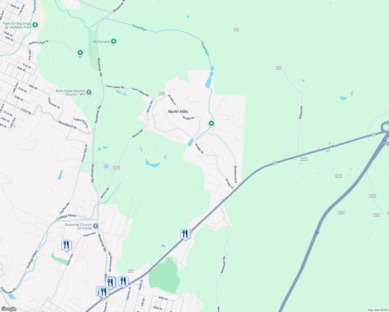 map of restaurants, bars, coffee shops, grocery stores, and more near 110 Oakwood Place in Parkersburg