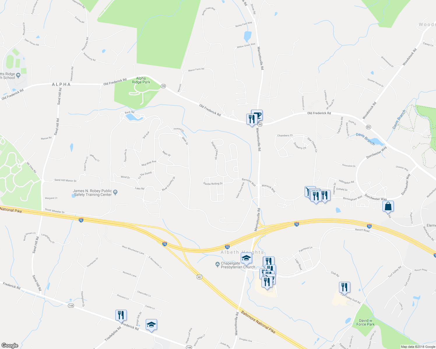 map of restaurants, bars, coffee shops, grocery stores, and more near 2579 Sophia Chase Drive in Marriottsville