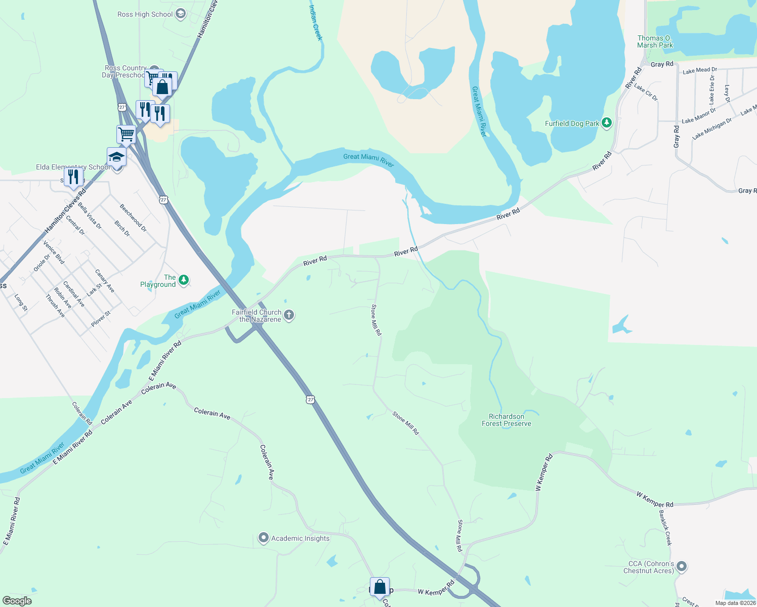 map of restaurants, bars, coffee shops, grocery stores, and more near 6402 Stone Mill Road in Fairfield