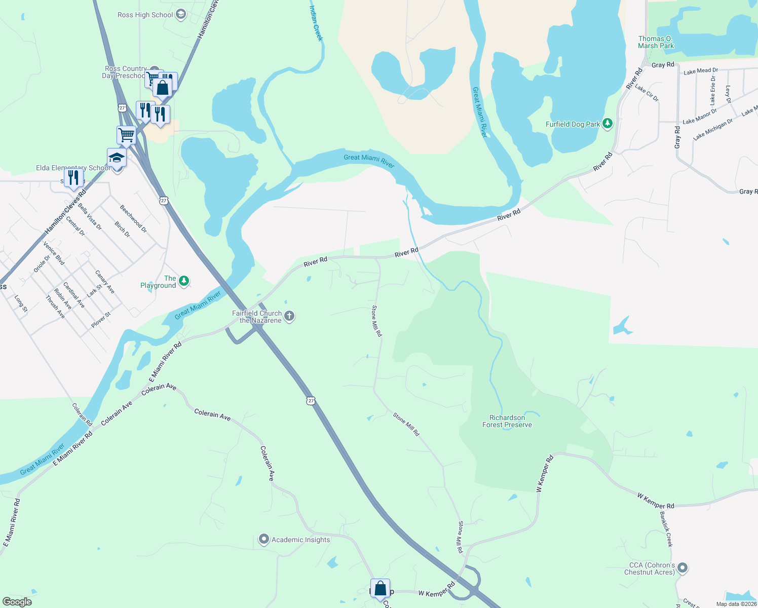 map of restaurants, bars, coffee shops, grocery stores, and more near 6402 Stone Mill Road in Fairfield