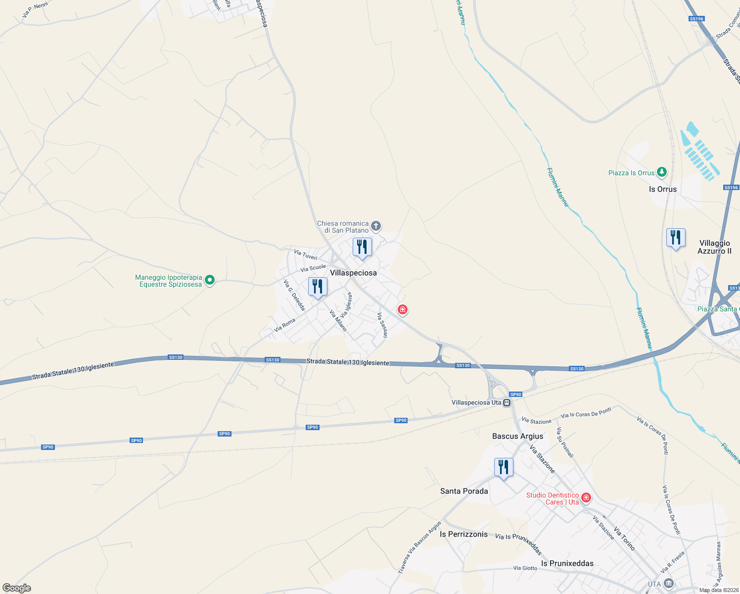 map of restaurants, bars, coffee shops, grocery stores, and more near 40 Via Cagliari in Villaspeciosa