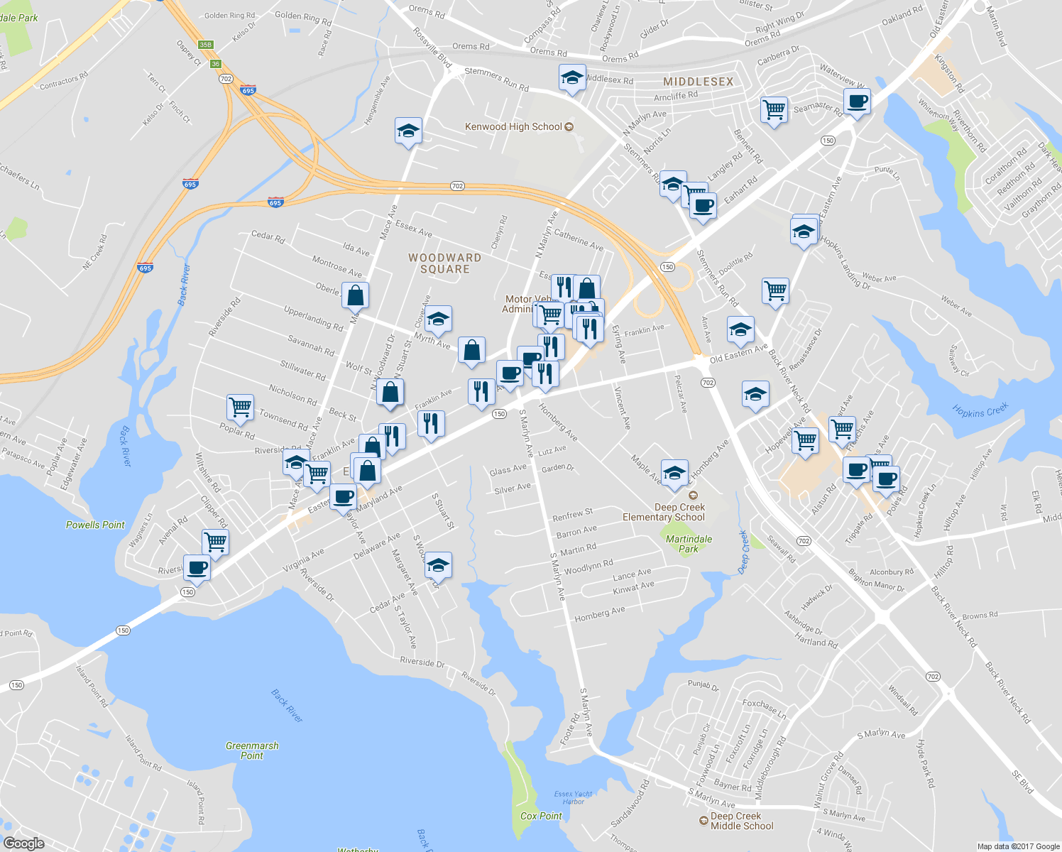 map of restaurants, bars, coffee shops, grocery stores, and more near 15 South Marlyn Avenue in Essex